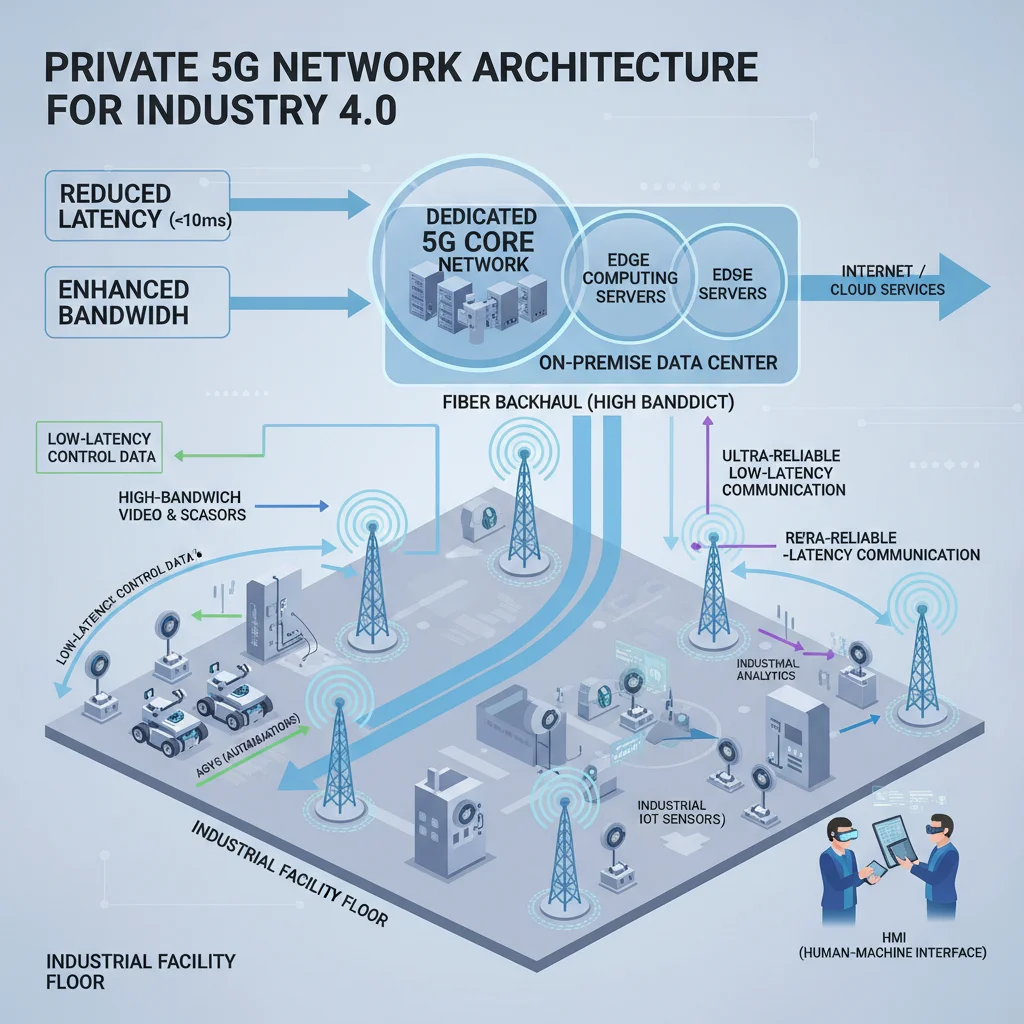 Infographic detailing 5G private network architecture in an industrial facility with connected devices.