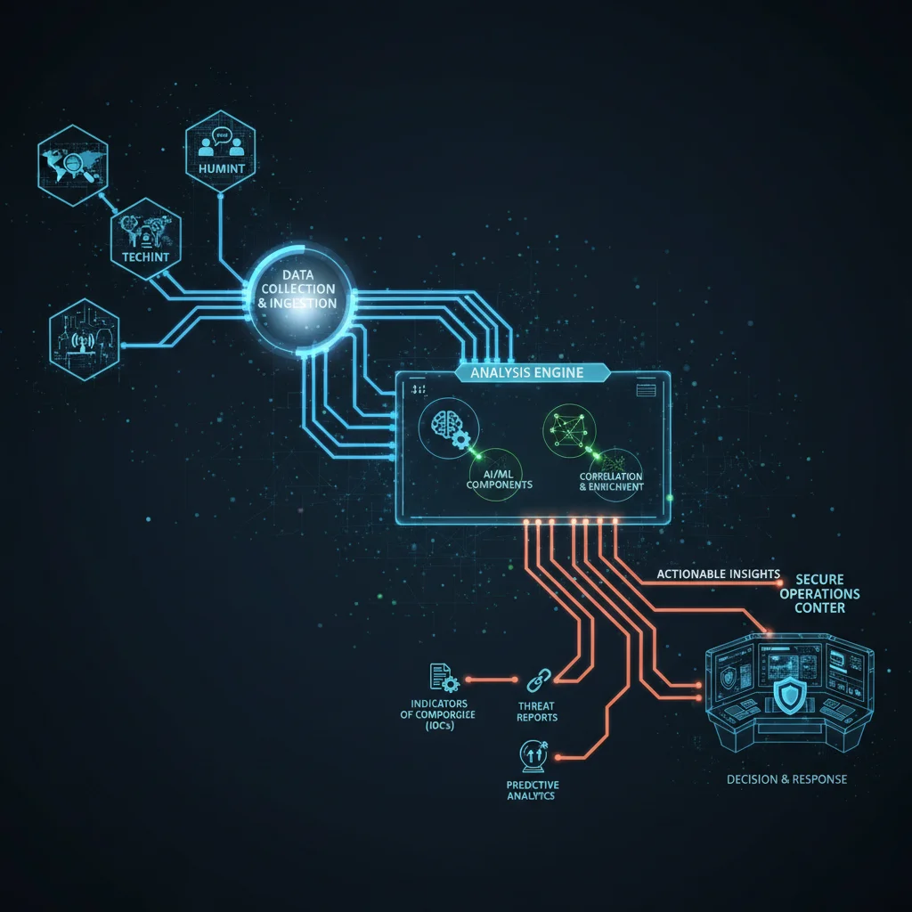 Advanced threat intelligence lifecycle diagram with data collection and analysis.