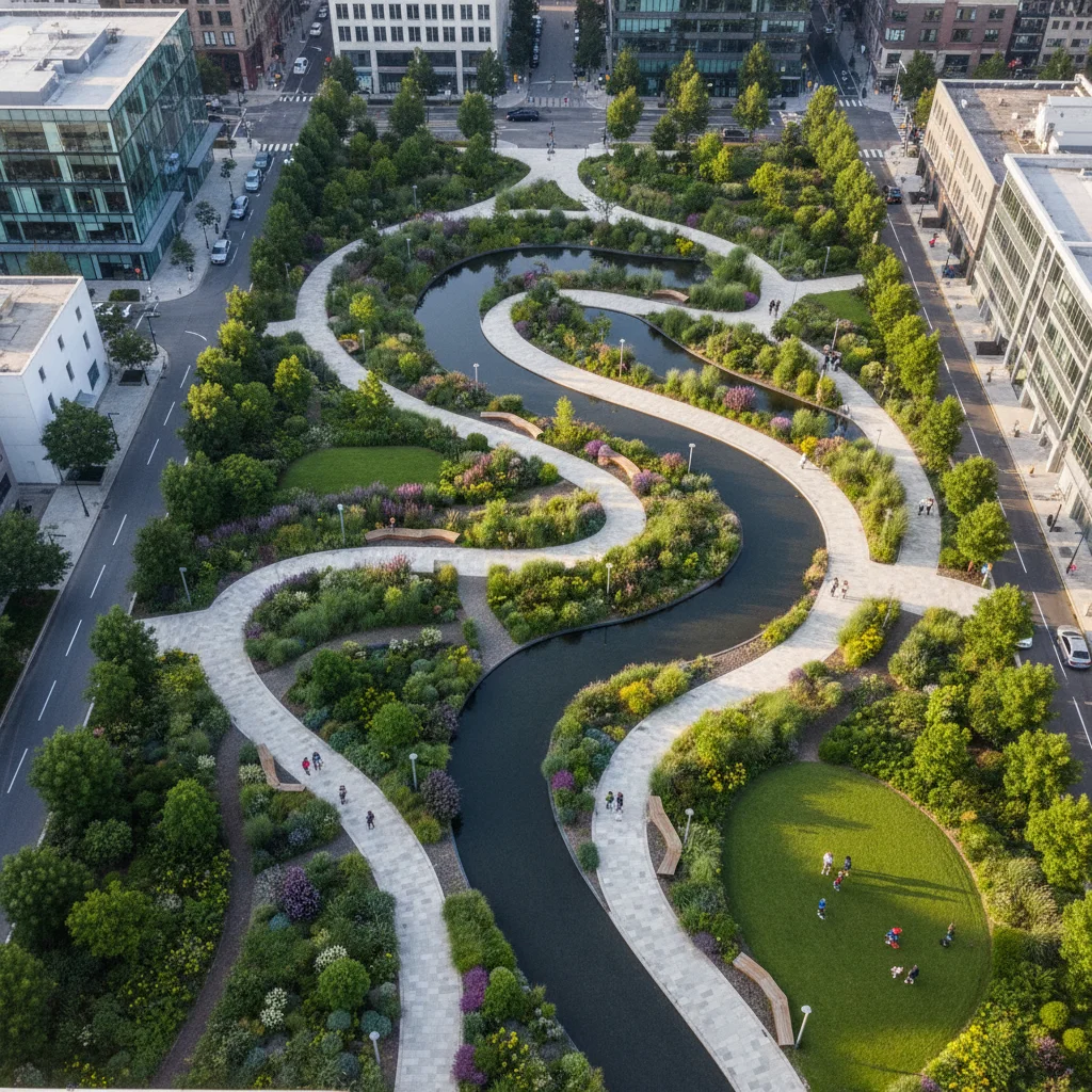 Aerial view of green infrastructure art piece in an urban park, with winding paths and native plants.