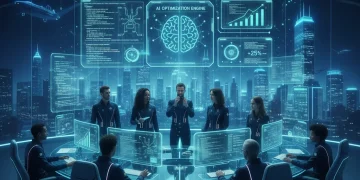 U.S. developers utilizing AI for accelerated software testing, holographic interfaces showing code and data.