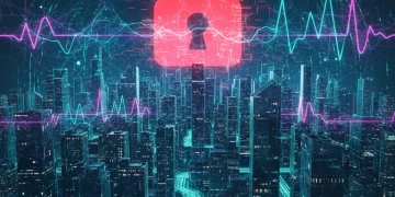 AI-powered cyber threats looming over a secure corporate network in 2026, illustrating the complex challenges businesses face.