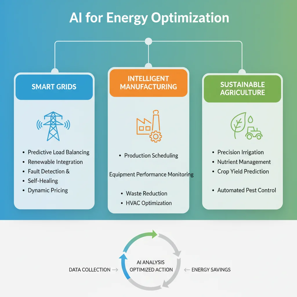 Infographic showing AI applications in energy optimization for various industries.