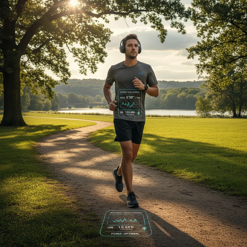 Individual following an AI-guided outdoor fitness routine with smartwatch feedback