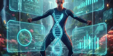 Futuristic individual exercising with AI-powered personalized wellness data overlay