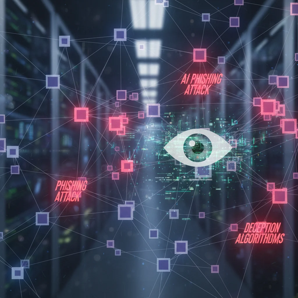 Advanced AI-powered phishing and social engineering tactics, depicting the intricate web of deceptive cyber attacks.