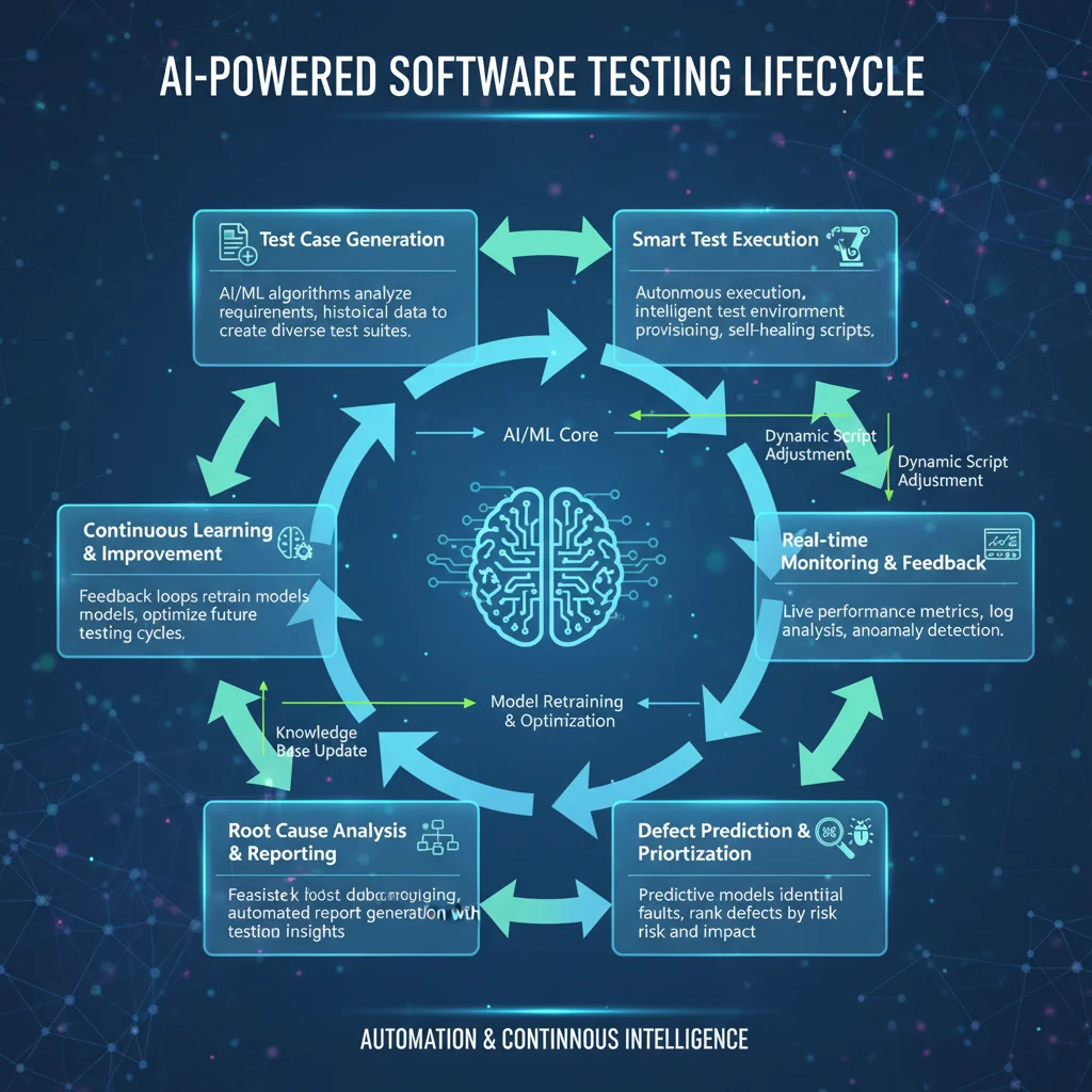 Diagram of AI-powered software testing lifecycle with automated feedback loops.