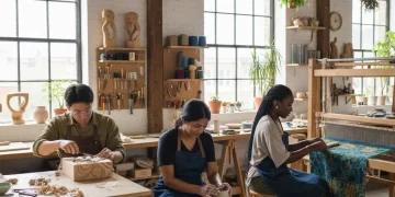 Artisans at work in a modern studio, showcasing diverse American craft techniques.