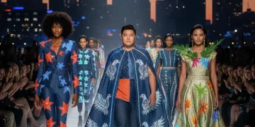 Diverse models showcasing modern American fashion on a runway, blending cultural motifs with sustainable designs for 2026.
