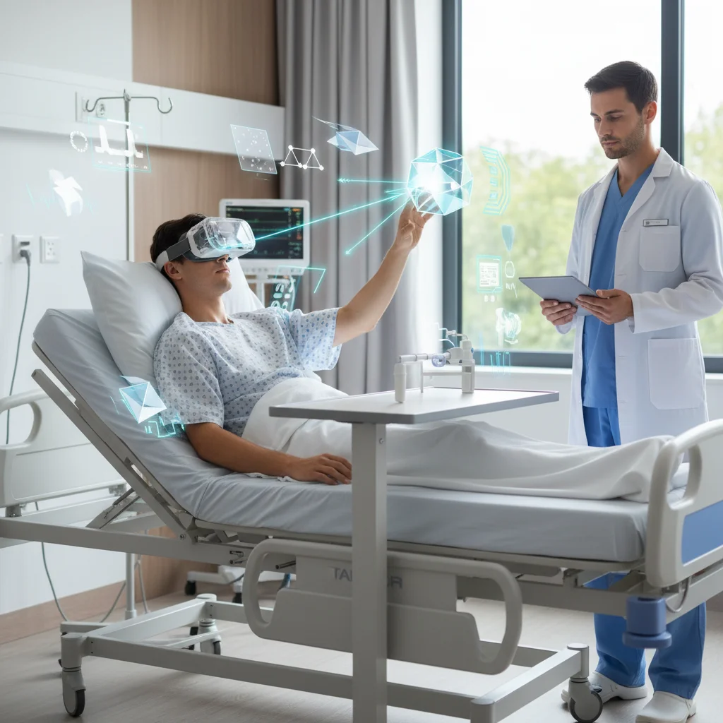 Patient undergoing AR-guided physical therapy and rehabilitation exercises in a hospital setting.