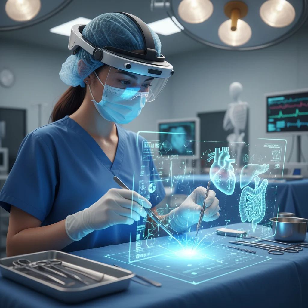 Medical student practicing surgery with augmented reality simulation for enhanced training.