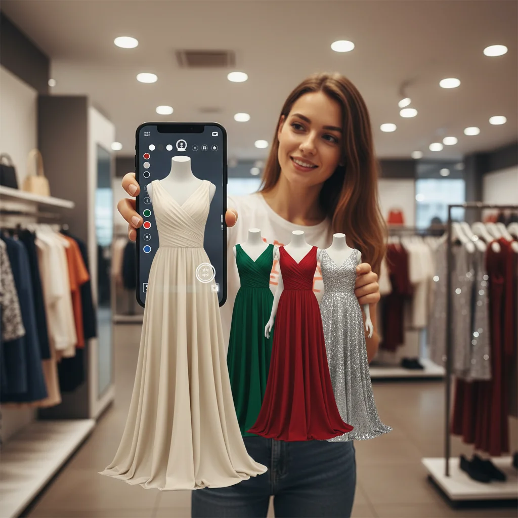 Customer using AR virtual try-on for clothing in a retail store.
