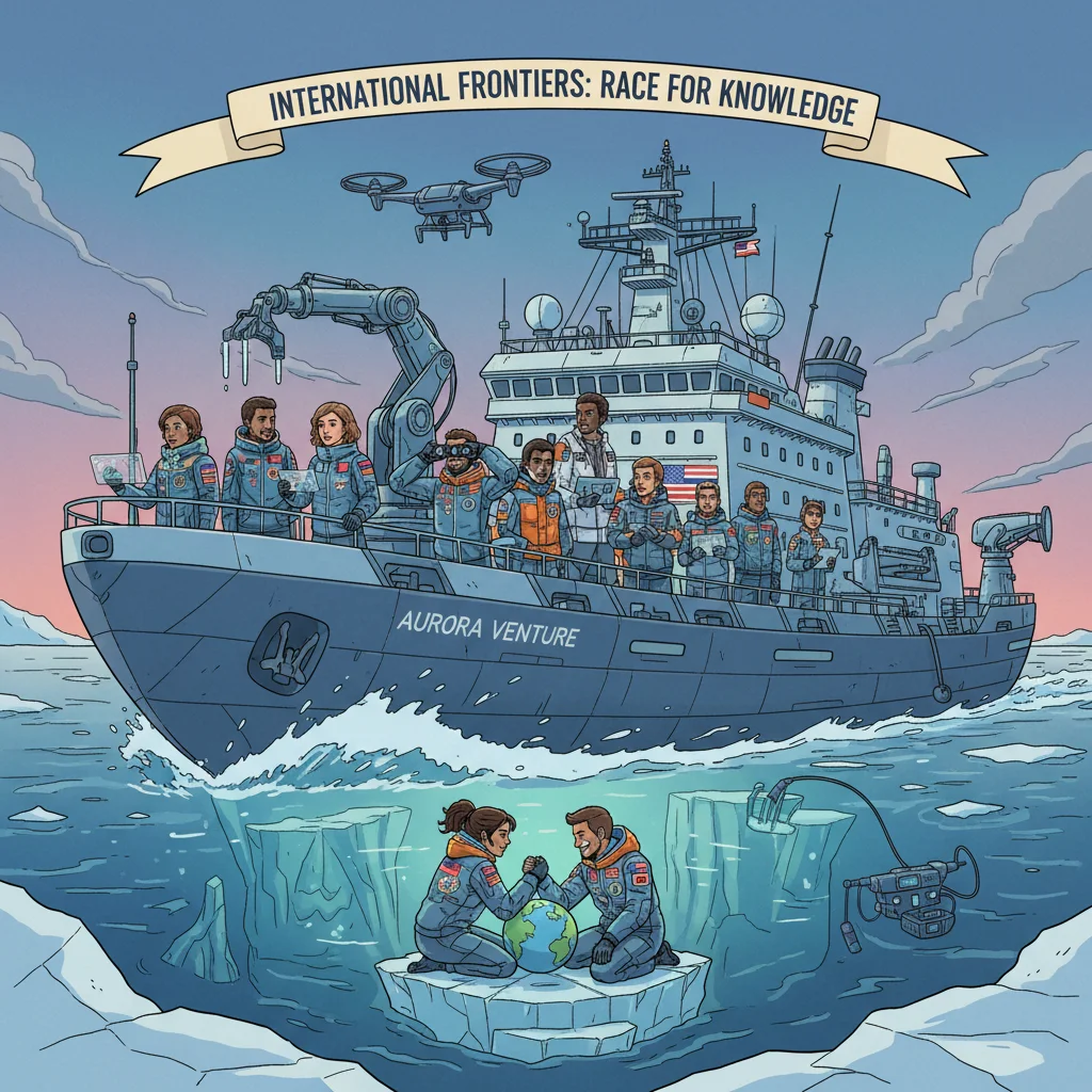 Multi-national scientific research team on an icebreaker in the Arctic.