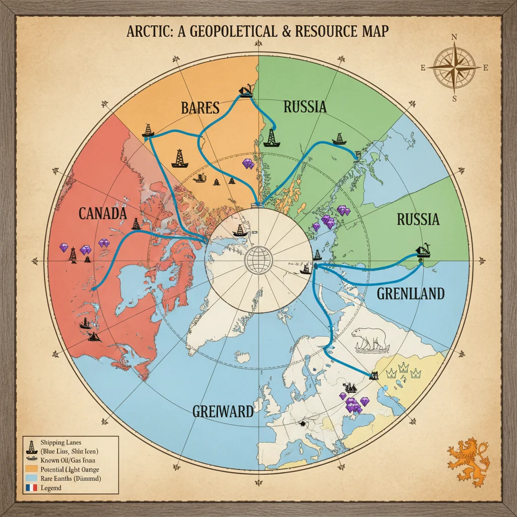 Detailed map of Arctic shipping lanes, resource deposits, and territorial claims.