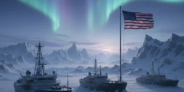 Arctic landscape with research vessels and US flag, symbolizing strategic interests.
