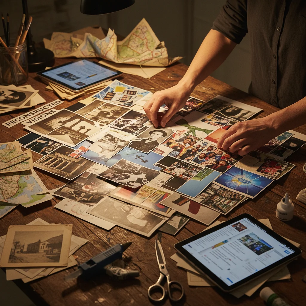 Artist hands creating a collage of American history and identity.
