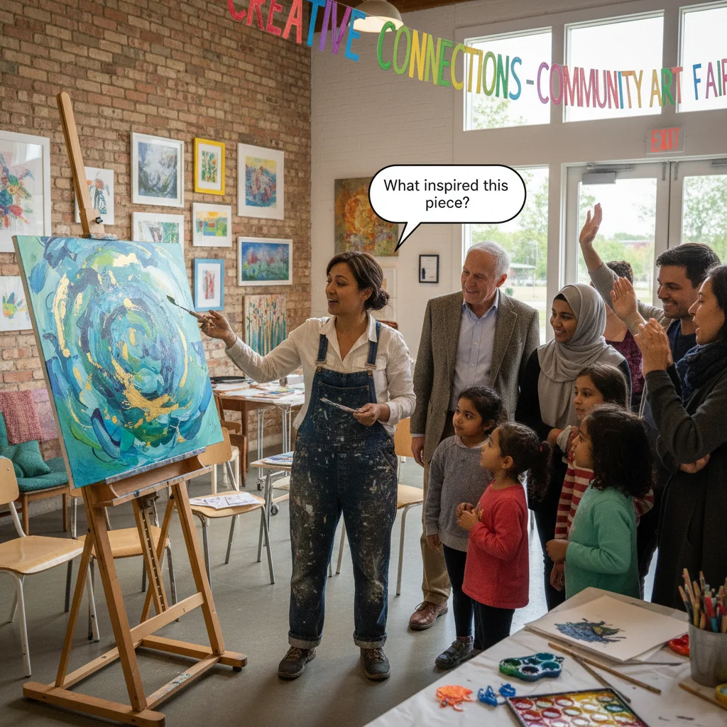 Artist engaging with community members at a local art exhibition.