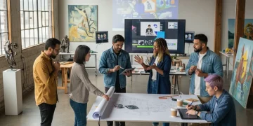 Artists collaborating on funding strategies in a dynamic studio environment.