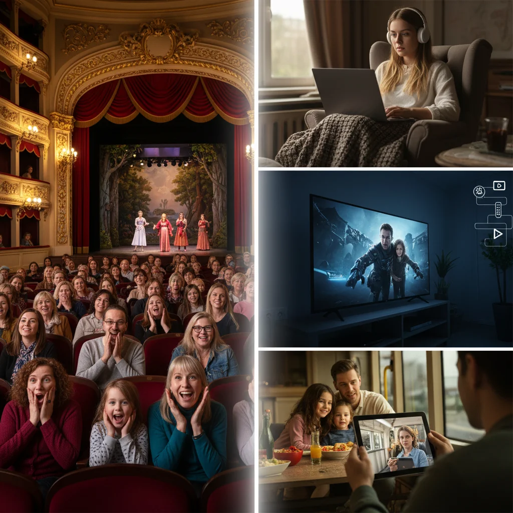 Split image: live theater audience contrasted with diverse viewers watching screen adaptations, symbolizing content shift.