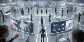 Augmented Reality transforming a modern retail environment with interactive product displays and engaged shoppers.