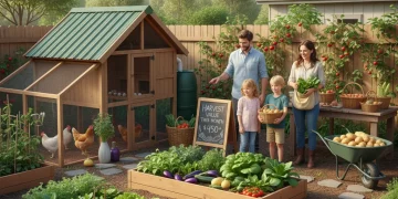 Family harvesting fresh vegetables from a thriving backyard garden, showcasing the bounty of backyard homesteading and grocery savings.