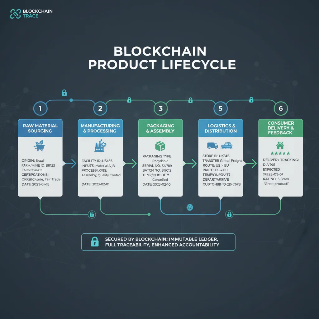 Infographic illustrating product traceability and data flow in a blockchain-powered supply chain