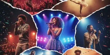 Diverse young American performers on stage, illuminated by spotlights, representing breakthrough talent.