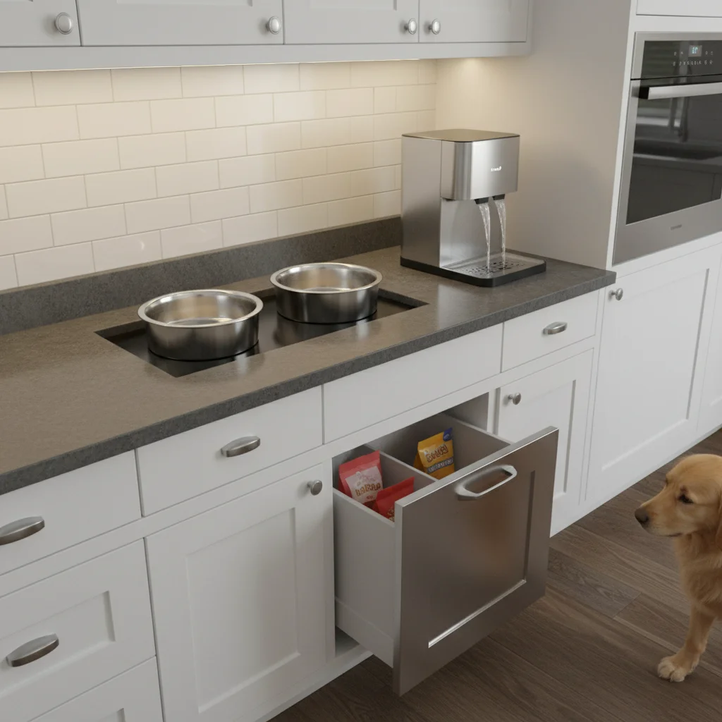 Ergonomic built-in pet feeding station with raised bowls and automatic water dispenser integrated into kitchen design.