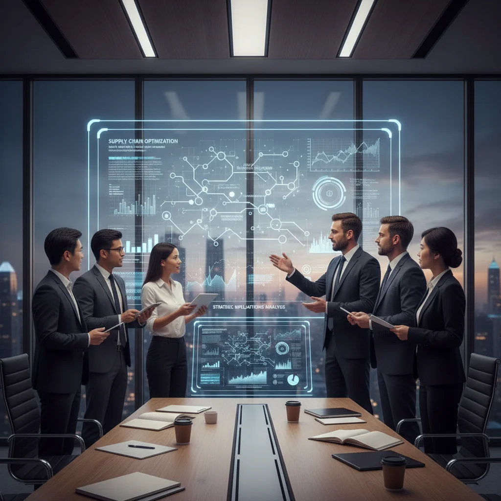 Business leaders analyzing blockchain supply chain data to make strategic decisions