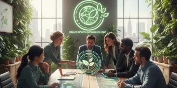 Business leaders discussing 2026 UN Climate Accord strategies in an eco-friendly office.