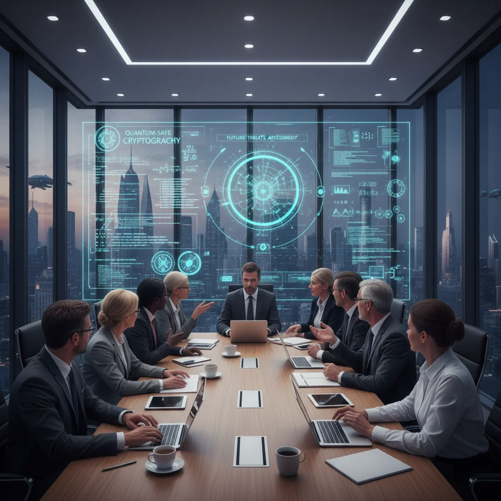 Business team discussing quantum-safe cybersecurity strategies in a modern office.