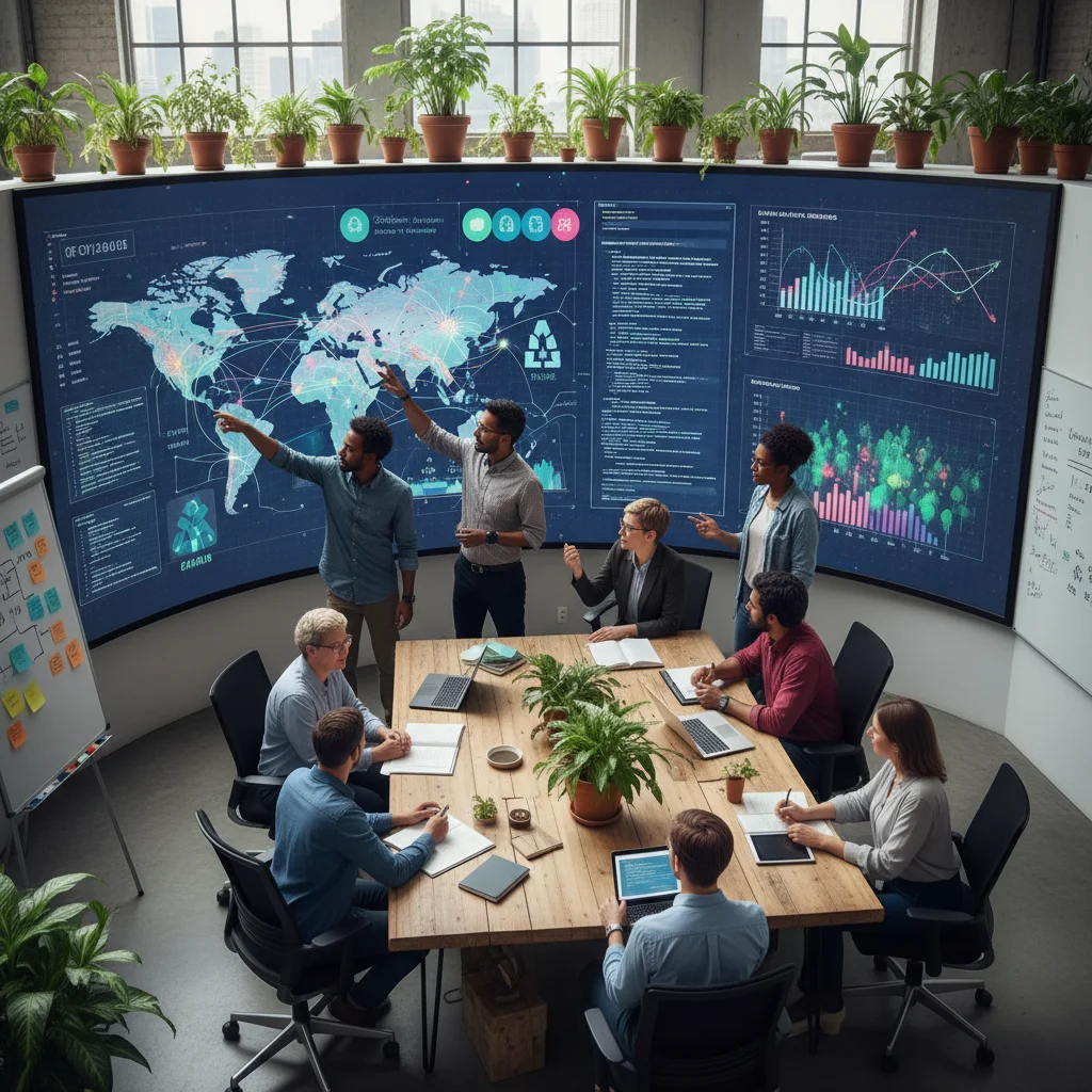 Team of experts collaborating on AI-driven carbon footprint analysis and reduction strategies.
