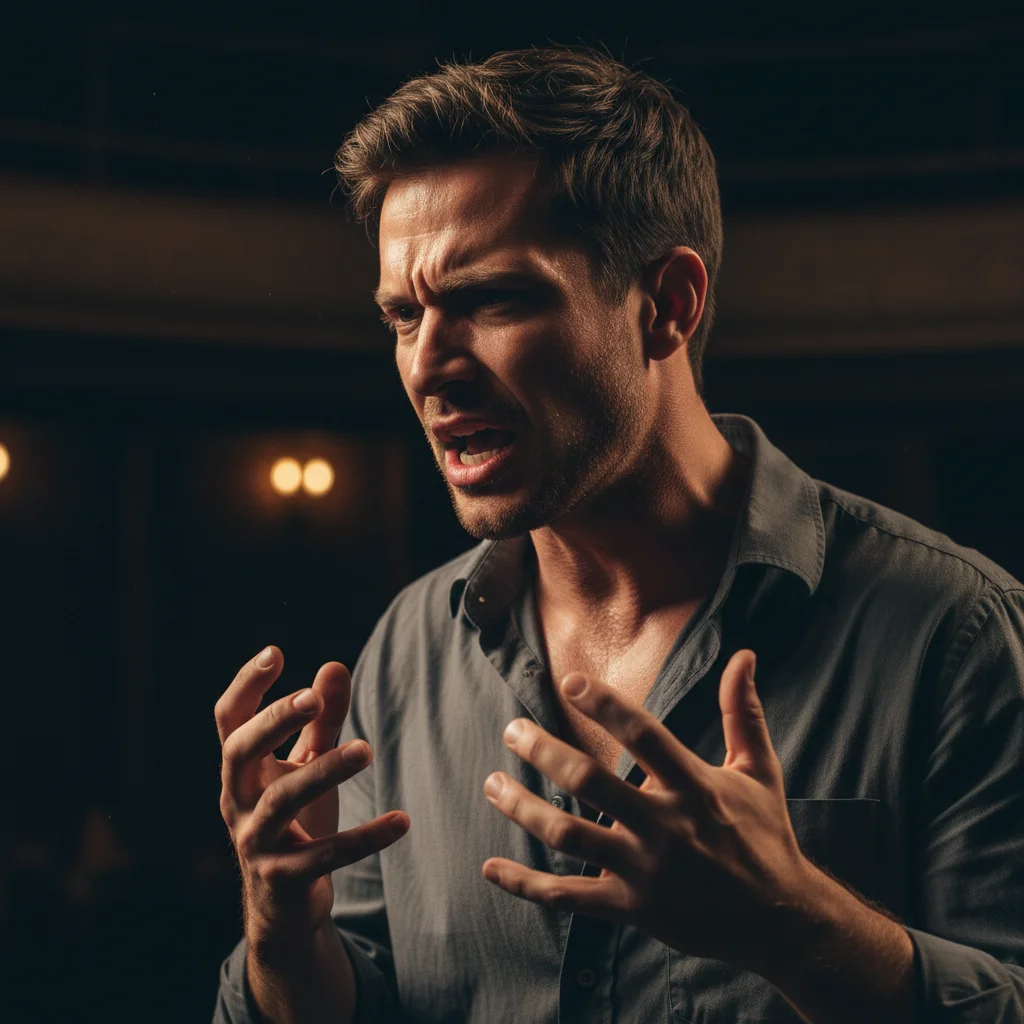 Young actor delivering powerful monologue on stage, showcasing intense emotion.