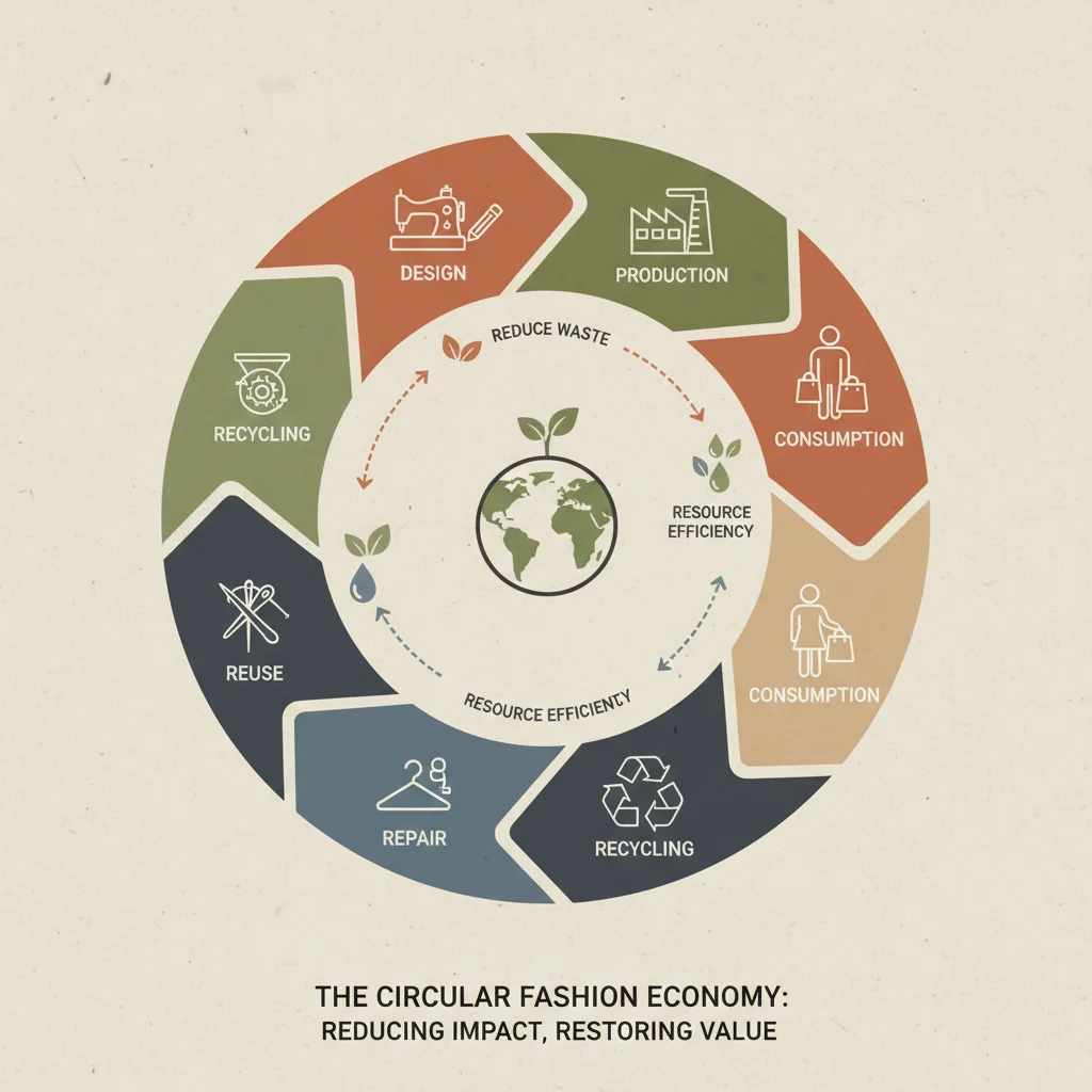 Infographic illustrating the circular fashion economy with interconnected stages of production, consumption, and recycling.
