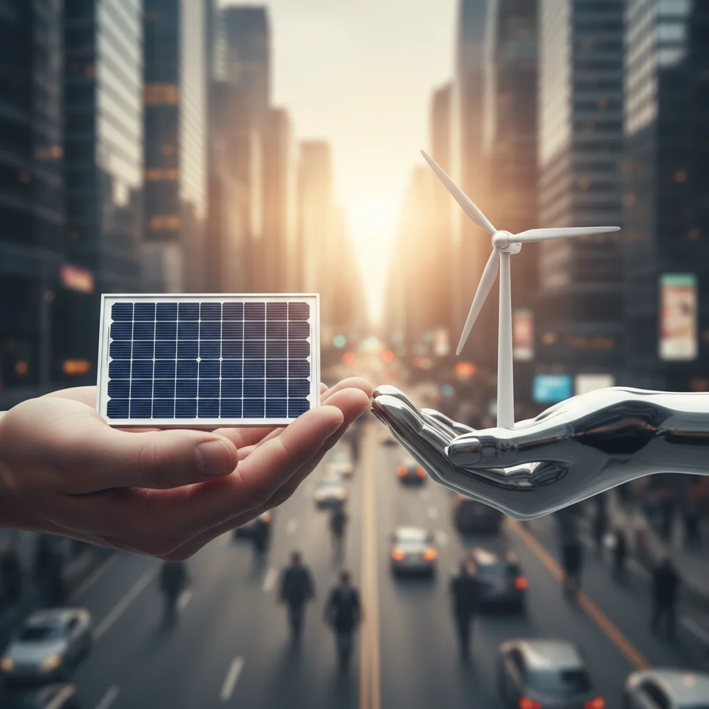 Hands holding miniature solar panel and wind turbine, symbolizing renewable energy investment and innovation.