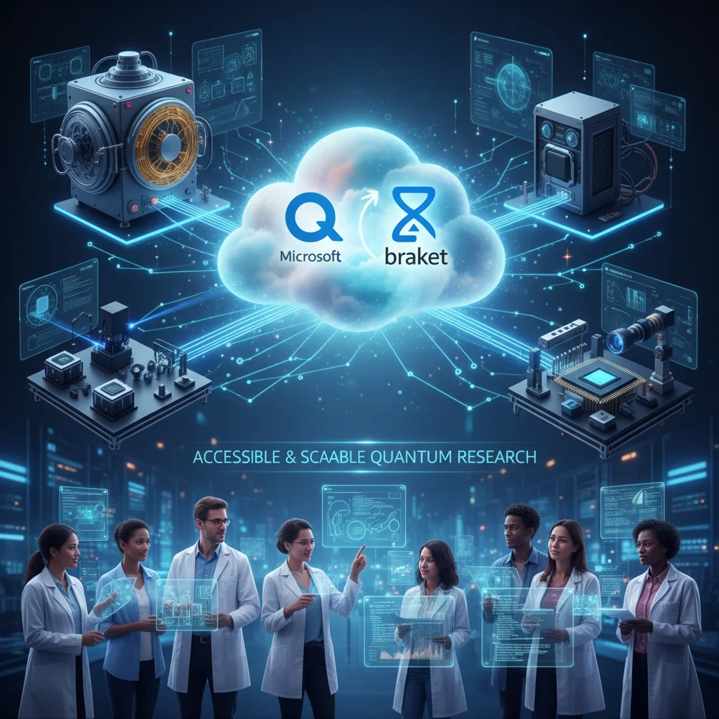 Cloud-based quantum platforms Microsoft Azure Quantum and Amazon Braket connecting to diverse quantum hardware.