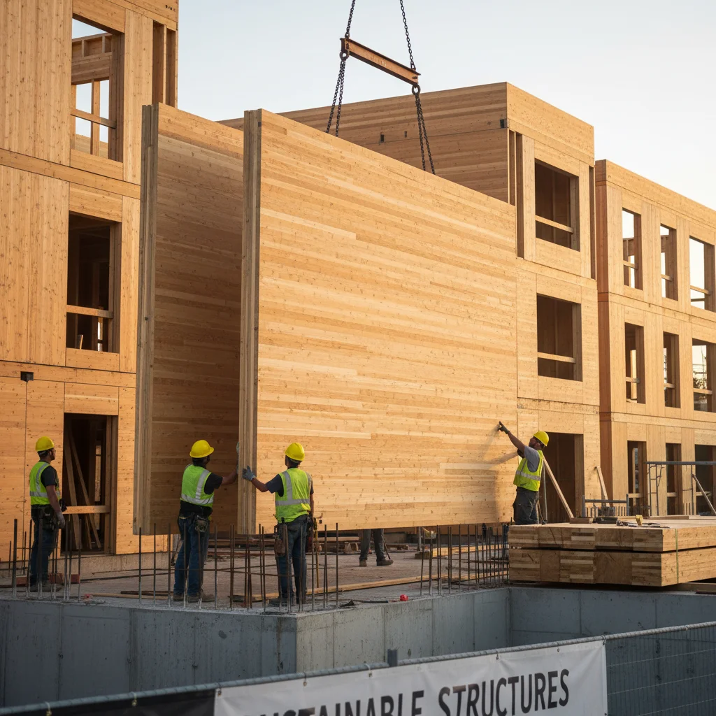 Cross-laminated timber (CLT) panels being installed on a building site