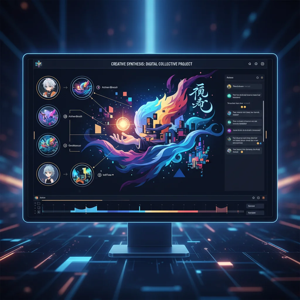 Collaborative digital art workspace with multiple artists contributing.