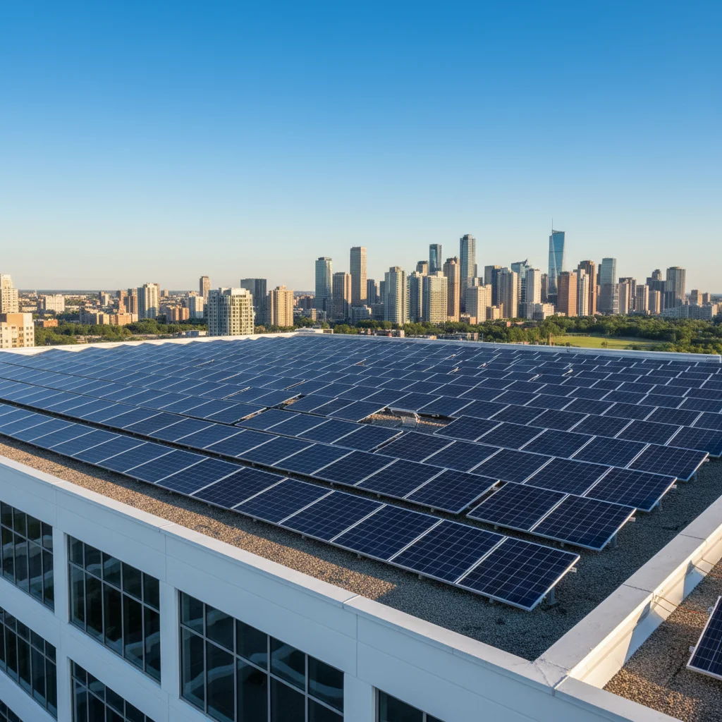 Solar panels on a commercial building rooftop, demonstrating renewable energy investment.