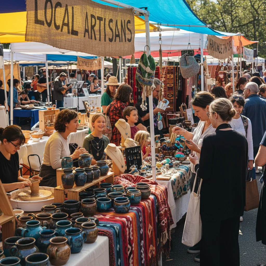 Community craft market bustling with people exploring handmade artisan goods.