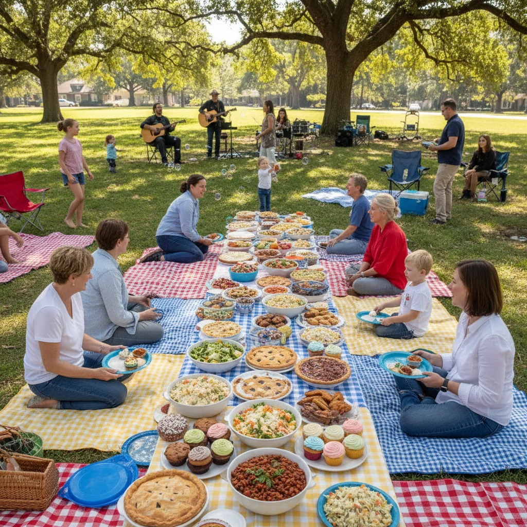 Diverse community potluck with homemade dishes and happy people sharing food