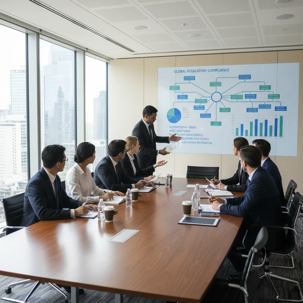 Business team collaborating on international sanctions compliance strategy and risk assessment.