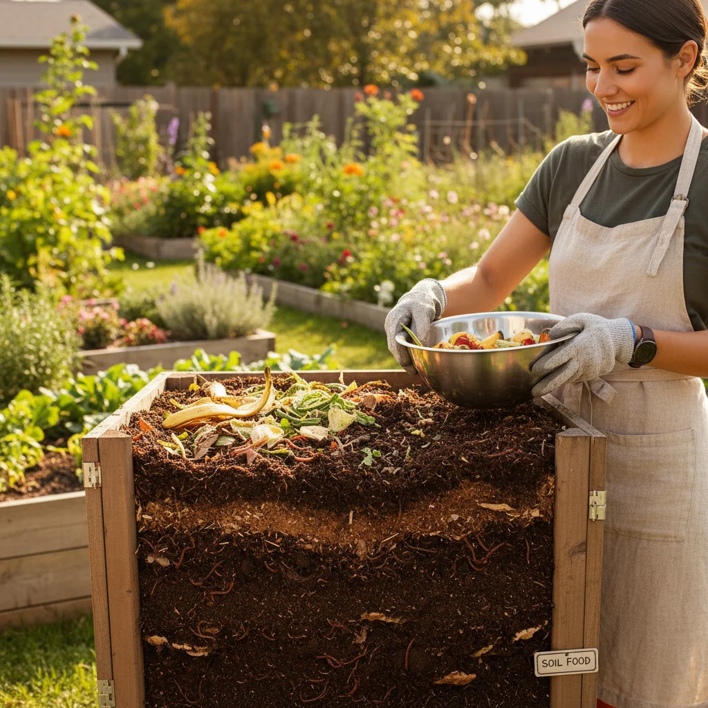 Compost bin with organic matter, showing sustainable waste management in a backyard homestead.