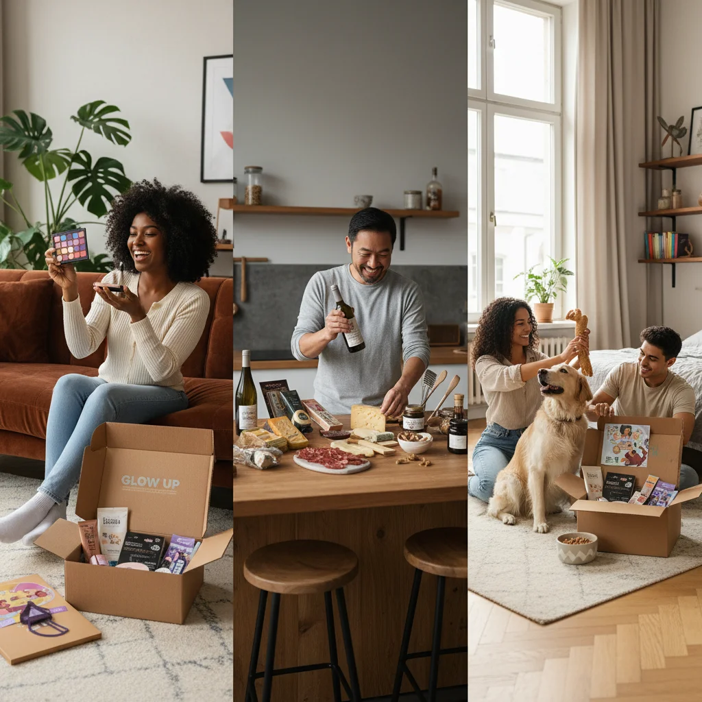 Diverse consumers unboxing various themed subscription boxes at home