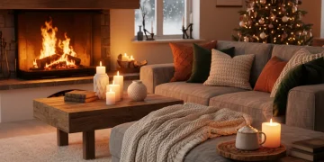 Cozy living room with fireplace and warm lighting for Hygge decor