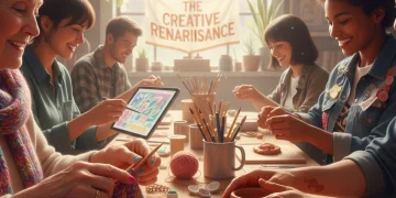 Diverse hands engaged in various craft hobbies like knitting, pottery, digital art, and upcycling, symbolizing creativity and DIY trends.