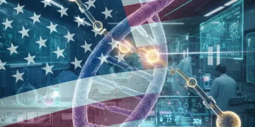 DNA strands being edited with CRISPR technology in a futuristic U.S. lab