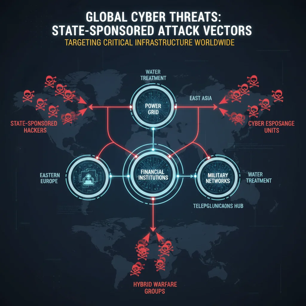 Infographic depicting state-sponsored cyber attacks targeting critical U.S. infrastructure