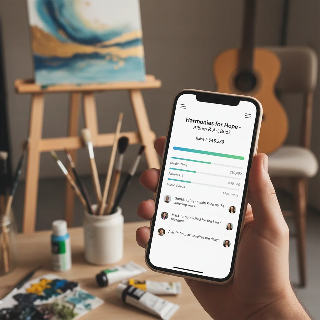 Crowdfunding success on a mobile device, illustrating digital patronage.