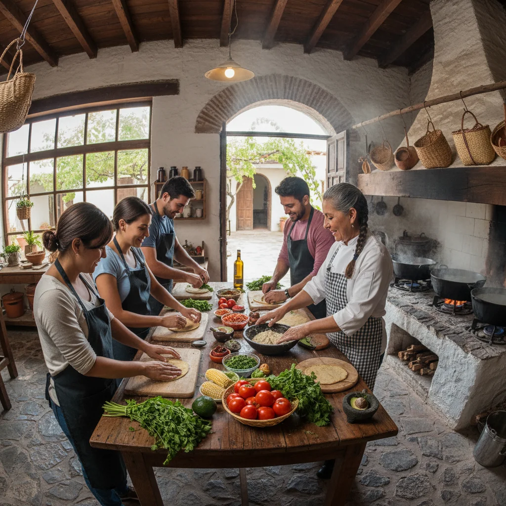 Culinary tourists learning to cook traditional regional American food