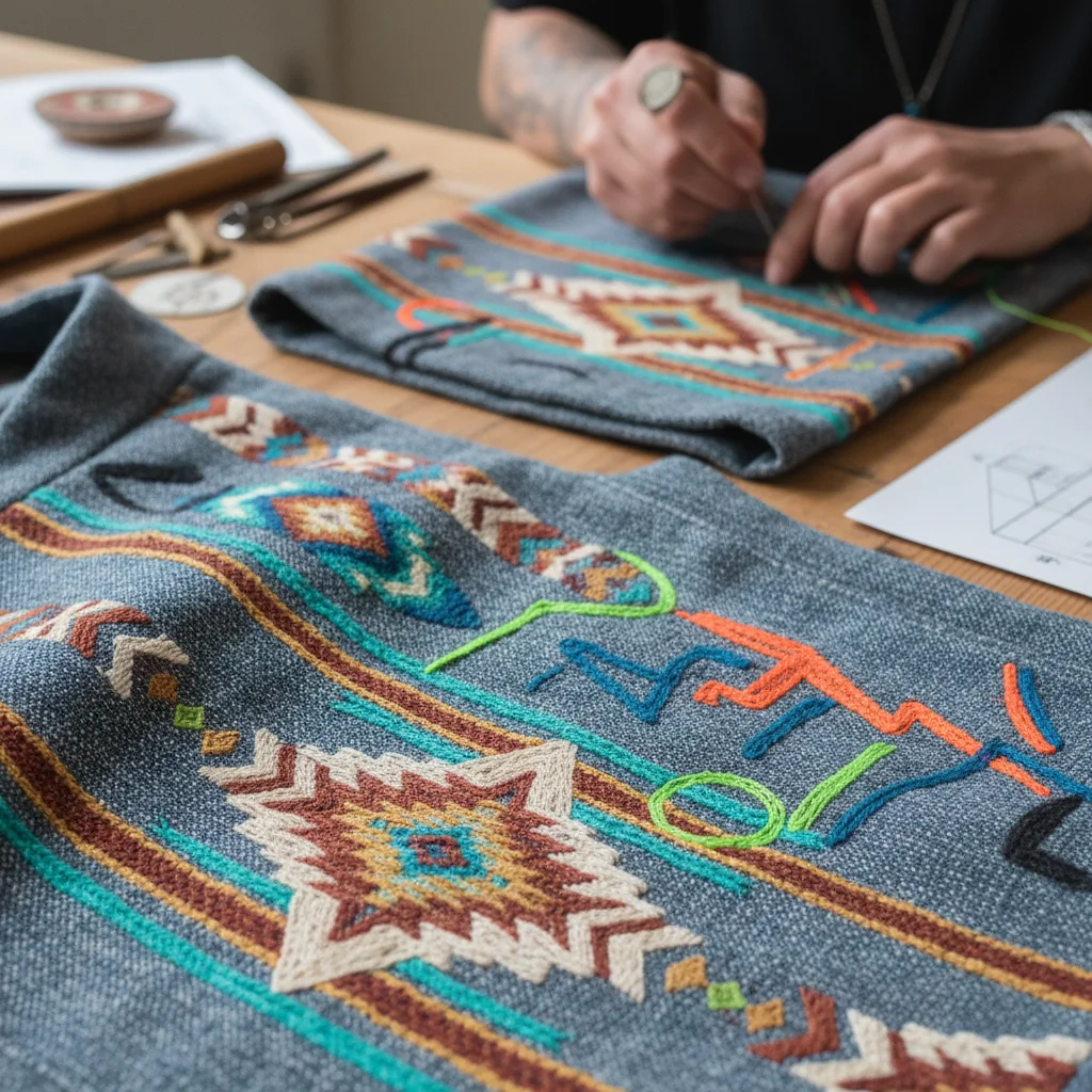 Intricate embroidery blending Native American patterns with streetwear on sustainable fabric, showcasing cultural fusion in fashion.